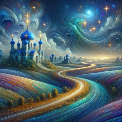 Primary subject: A colorful, surreal landscape featuring a road, a castle, and a sky filled with stars.

Setting/background: The scene is set in a fantasy world with a castle and a road that leads to it. The sky is filled with stars, creating a magical atmosphere.

Visual style: The image is a digital art piece, showcasing a vibrant and imaginative world.

Colors and mood: The colors in the image are predominantly blue, green, and orange, creating a lively and whimsical mood.